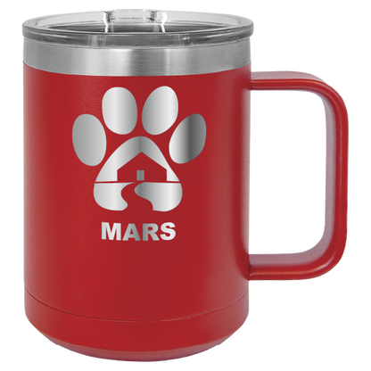 Red 15 ounce laser engraved coffee mug with the Midwest Animal Rescue & Services (MARS) logo.