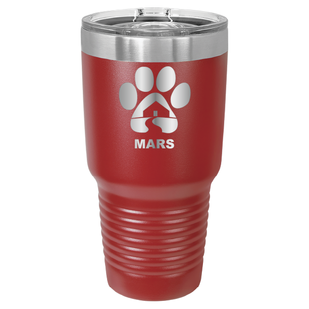 Red 30 ounce laser engraved tumbler with the Midwest Animal Rescue & Services (MARS) logo.