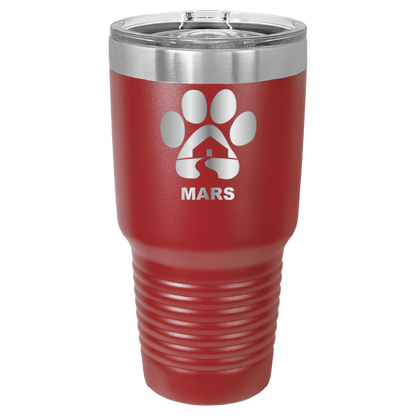 Red 30 ounce laser engraved tumbler with the Midwest Animal Rescue & Services (MARS) logo.