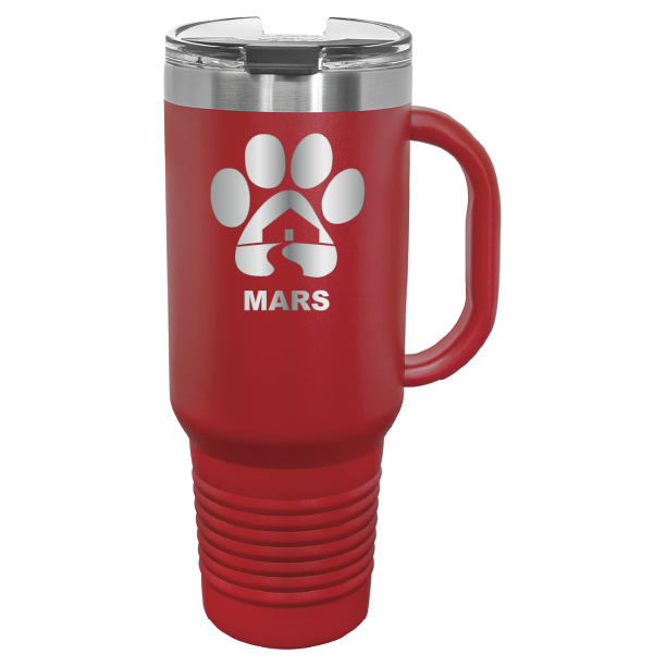 Red 40 ounce laser engraved travel mug with handle, featuring the with the Midwest Animal Rescue & Services (MARS) logo