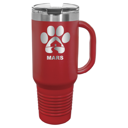 Red 40 ounce laser engraved travel mug with handle, featuring the with the Midwest Animal Rescue & Services (MARS) logo