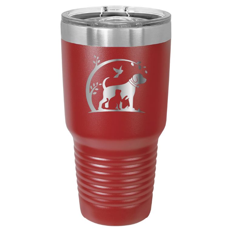 Red 30 oz laser engraved tumbler featuring the No Critter Left Behind logo