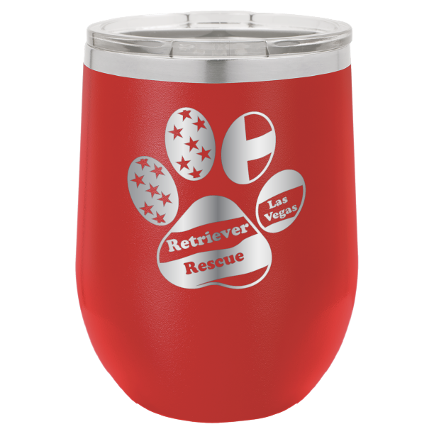 Red laser engraved wine tumbler with the logo of retriever rescue of Las Vegas