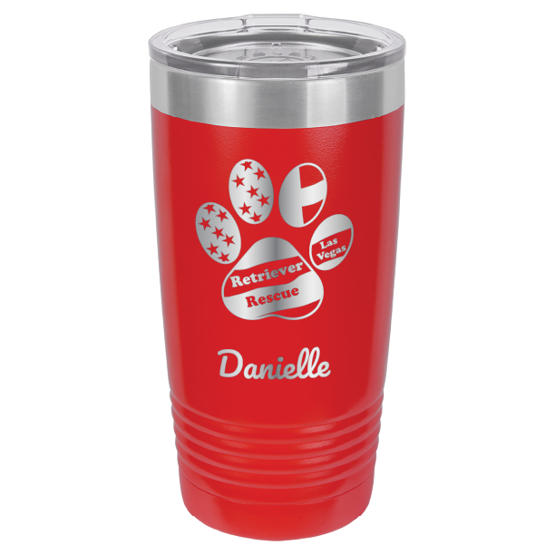 Red laser engraved 20 tumbler featuring the Retriever Rescue of Las Vegas logo