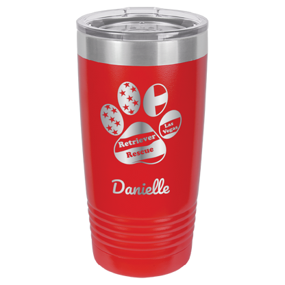 Red laser engraved 20 tumbler featuring the Retriever Rescue of Las Vegas logo