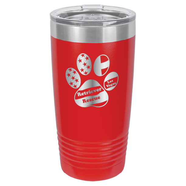 Red laser engraved 20 tumbler featuring the Retriever Rescue of Las Vegas logo
