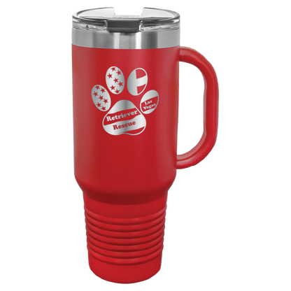 Red laser engraved tumbler with handle, featuring the logo of Retriever Rescue of Las Vegas