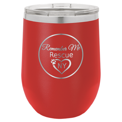 Red 12 oz laser engraved wine tumbler with the logo of Remember Me Rescue NY