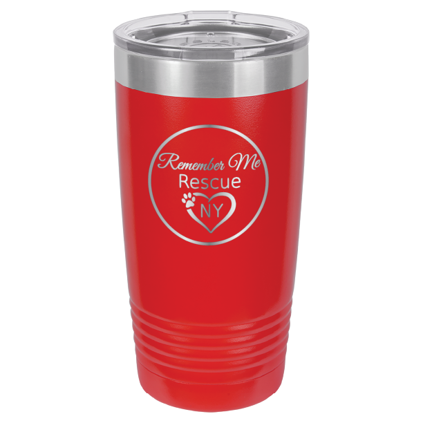 Red  laser engraved 20 tumbler featuring the logo of Remember Me Rescue NY