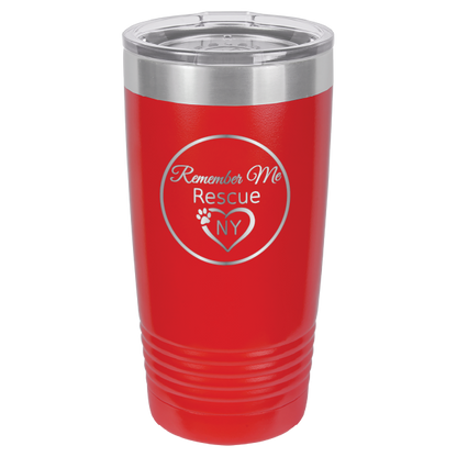 Red  laser engraved 20 tumbler featuring the logo of Remember Me Rescue NY