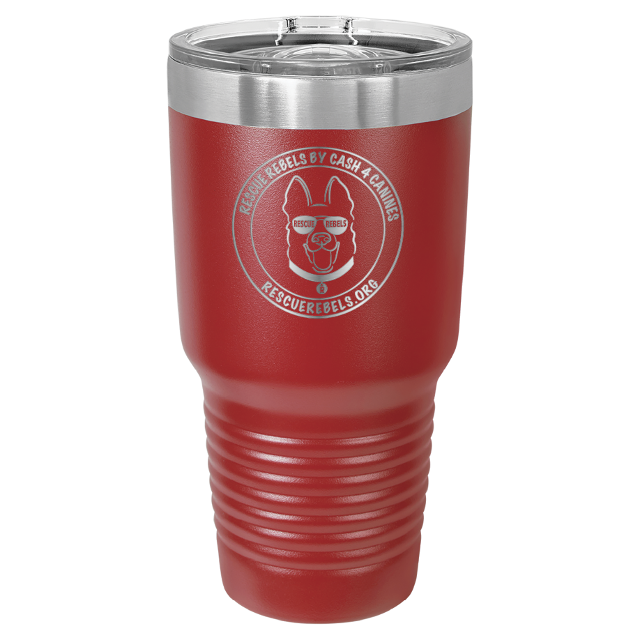Red 30 oz tumbler laser engraved  water bottle featuring the Rescue Rebels logo
