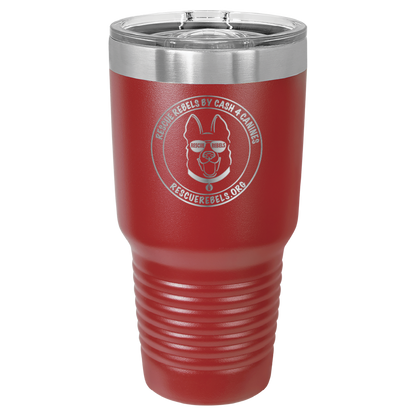 Red 30 oz tumbler laser engraved  water bottle featuring the Rescue Rebels logo