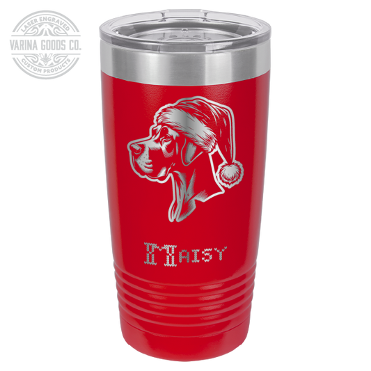 20 oz Laser engraved stainless steel tumbler, with a Great Dane wearing a Santa hat, in red, with the name "Maisy" in a knitting font