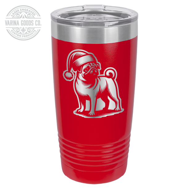 Pug wearing a Santa hat, 20 oz laser engraved tumbler, in red