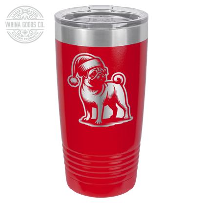 Pug wearing a Santa hat, 20 oz laser engraved tumbler, in red