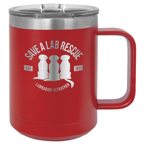 Red 15 oz laser engraved coffee cup featuring the Save A Lab Rescue logo.