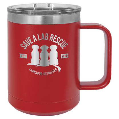 Red 15 oz laser engraved coffee cup featuring the Save A Lab Rescue logo.