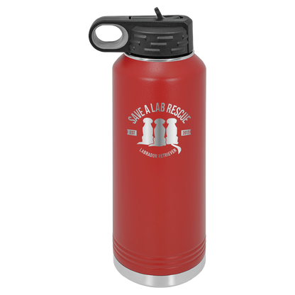 Red 40 Oz Laser engraved water bottle featuring the Save A Lab logo.