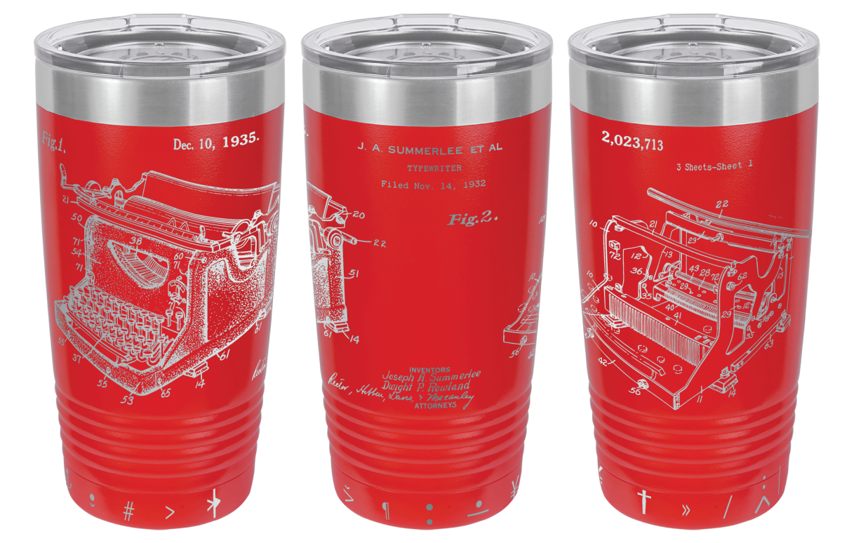 Vintage typewriter patent laser engraved on a red stainless steel tumbler