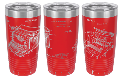 Vintage typewriter patent laser engraved on a red stainless steel tumbler