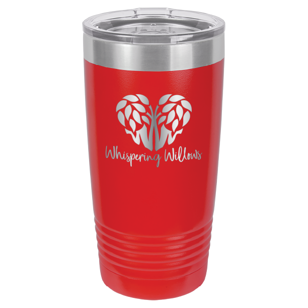 Red laser engraved 20 oz tumbler featuring the Whispering Willows logo.