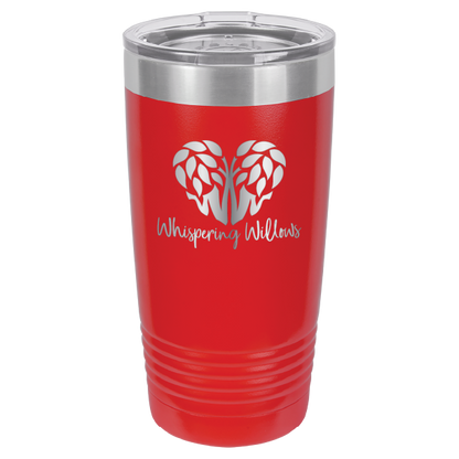 Red laser engraved 20 oz tumbler featuring the Whispering Willows logo.