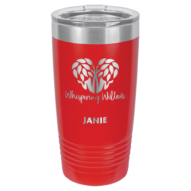 Red laser engraved 20 oz tumbler featuring the Whispering Willows logo. Name on the tumbler is Janie.