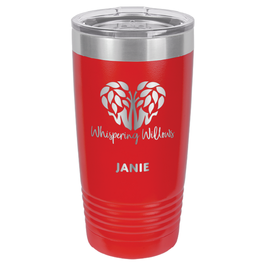 Red laser engraved 20 oz tumbler featuring the Whispering Willows logo. Name on the tumbler is Janie.