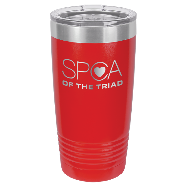 Red laser engravved 20 Oz tumbler featuring the SPA of the Triad logo. 