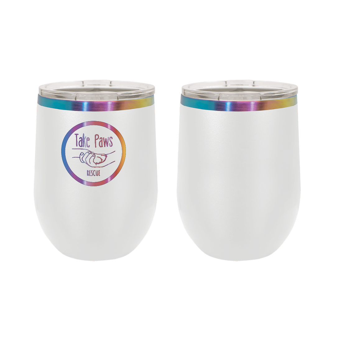 White / prism 12 oz wine tumbler laser engraved  tumbler featuring the Take Paws Rescue logo