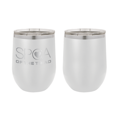 White 12 oz Laser engraved wine tumbler featuring the SPCA of the Triad logo. 