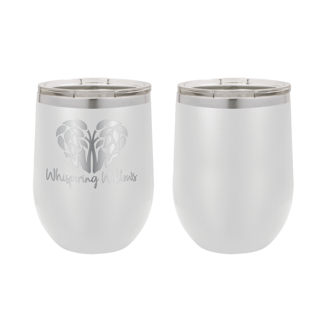 White laser engraved 12 oz wine tumbler featuring the Whispering Willows logo.