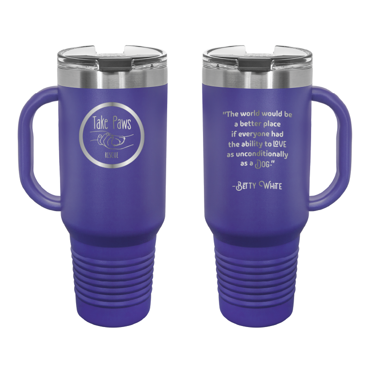 Purple 40 oz tumbler with handle laser engraved  tumbler featuring the Take Paws Rescue logo