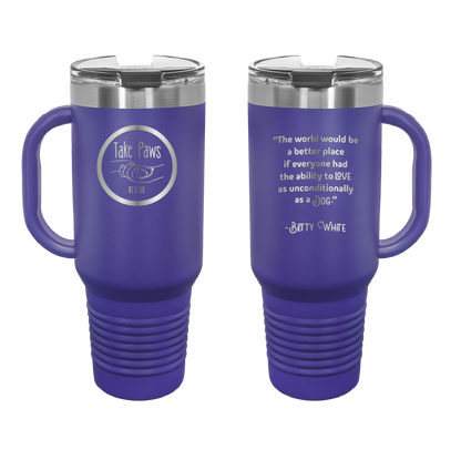 Purple 40 oz tumbler with handle laser engraved  tumbler featuring the Take Paws Rescue logo