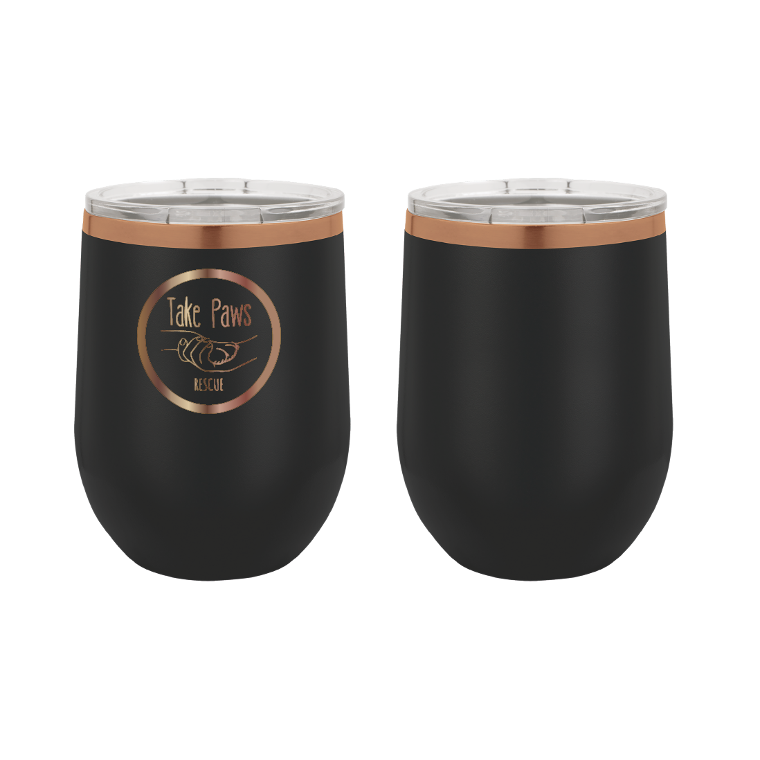 Black / Copper 12 oz wine tumbler laser engraved  tumbler featuring the Take Paws Rescue logo