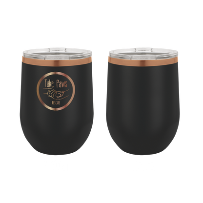 Black / Copper 12 oz wine tumbler laser engraved  tumbler featuring the Take Paws Rescue logo