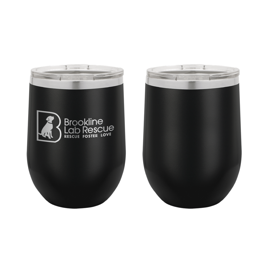 Black laser engraved 12 oz wine tumbler featuring the Brookline Lab Rescue logo