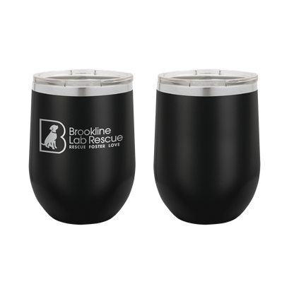 Black laser engraved 12 oz wine tumbler featuring the Brookline Lab Rescue logo