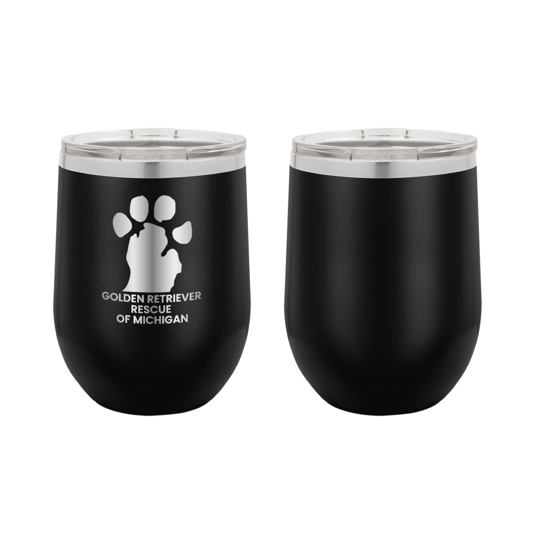 Black12 oz Wine tumbler featuring the Golden Retriever Rescue of Michigan logo