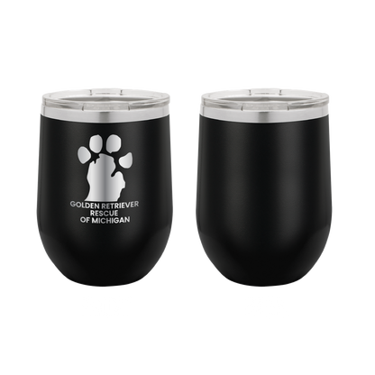 Black12 oz Wine tumbler featuring the Golden Retriever Rescue of Michigan logo