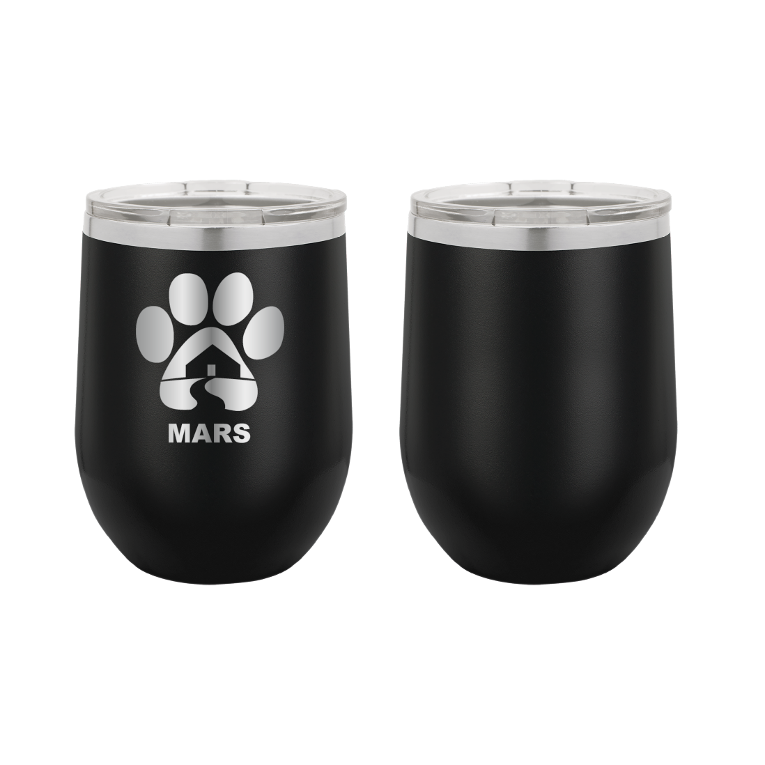 Black 12 ounce laser engraved wine tumbler with the Midwest Animal Rescue & Services (MARS) logo.