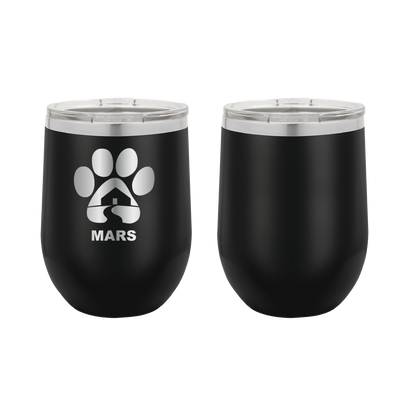 Black 12 ounce laser engraved wine tumbler with the Midwest Animal Rescue & Services (MARS) logo.