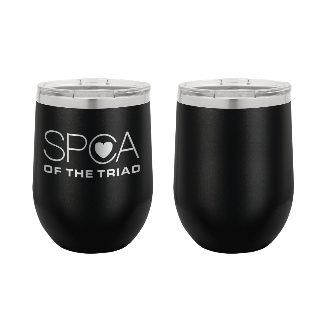 Black 12 oz Laser engraved wine tumbler featuring the SPCA of the Triad logo. 