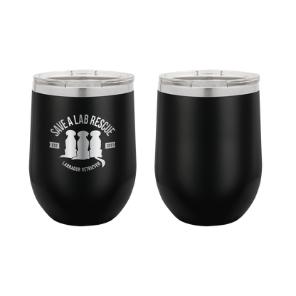 12 oz Wine Tumbler, laser engraved gift for mom's, dads and dog lovers. Black tumbler with the Save A Lab logo.