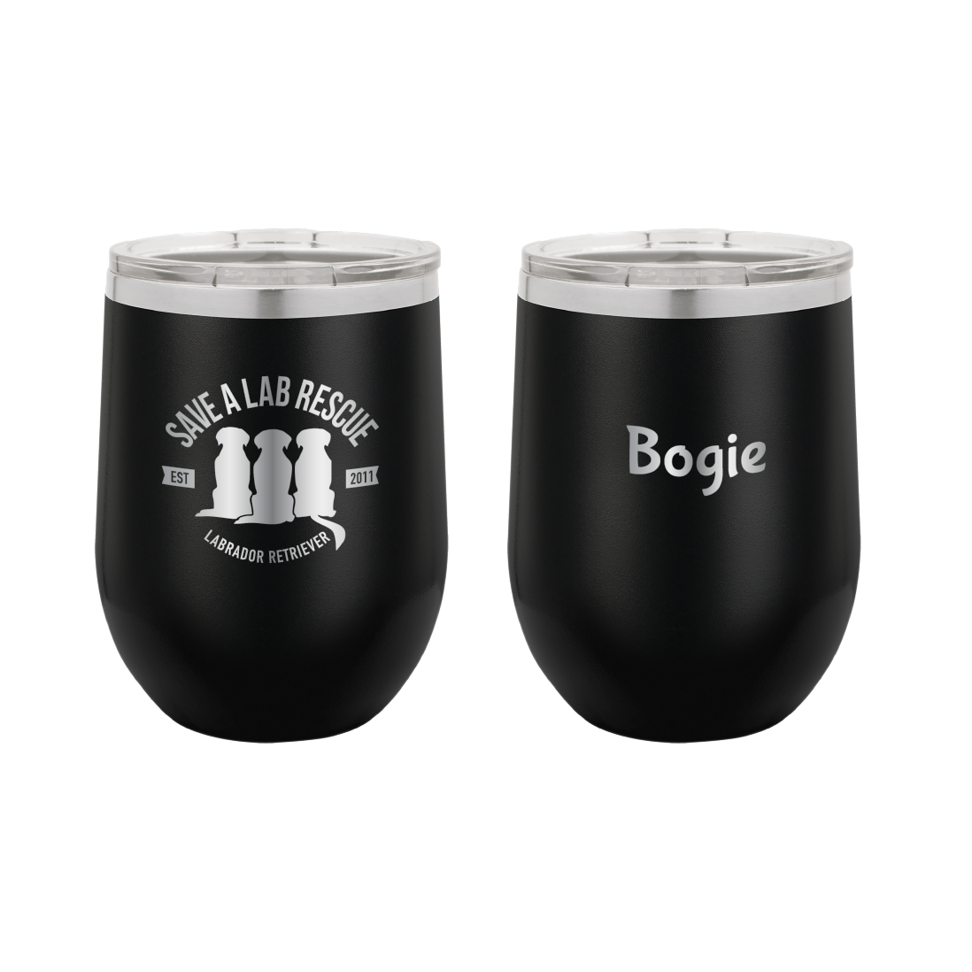 12 oz Wine Tumbler, laser engraved gift for mom's, dads and dog lovers. Black tumbler with the Save A Lab logo and the name "Bogie".