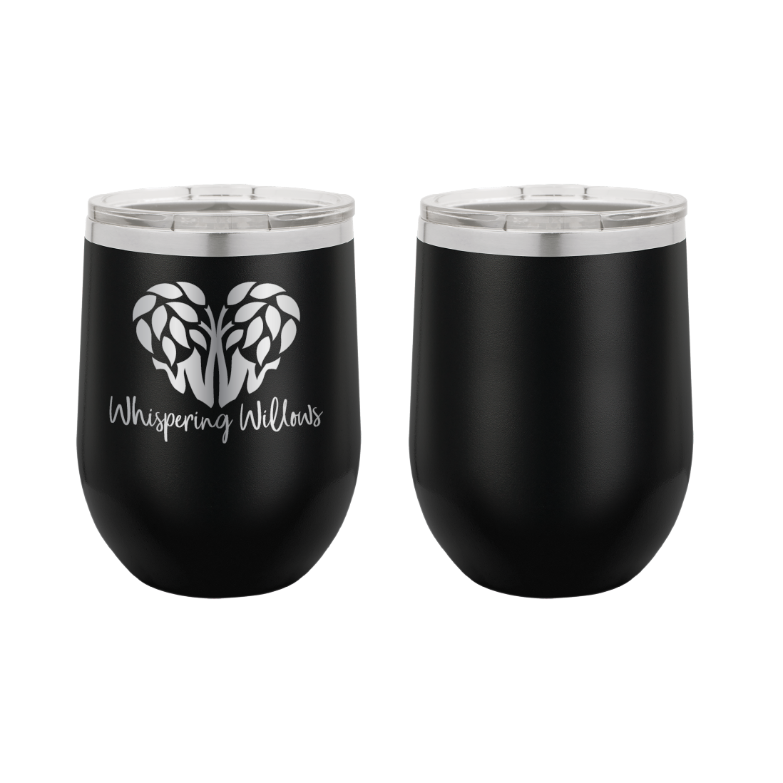 Black laser engraved 12 oz wine tumbler featuring the Whispering Willows logo.