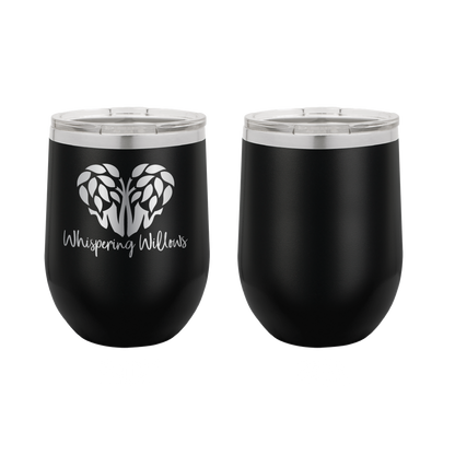 Black laser engraved 12 oz wine tumbler featuring the Whispering Willows logo.