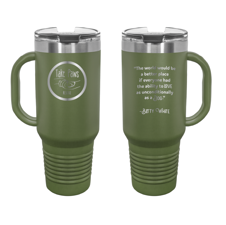 Olive Green 40 oz tumbler with handle laser engraved  tumbler featuring the Take Paws Rescue logo