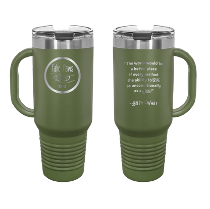 Olive Green 40 oz tumbler with handle laser engraved  tumbler featuring the Take Paws Rescue logo