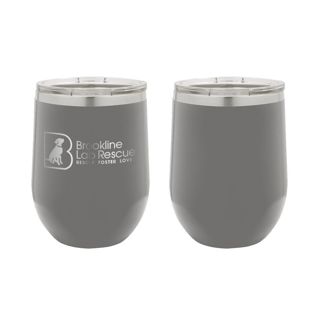 Dark gray laser engraved 12 oz wine tumbler featuring the Brookline Lab Rescue logo